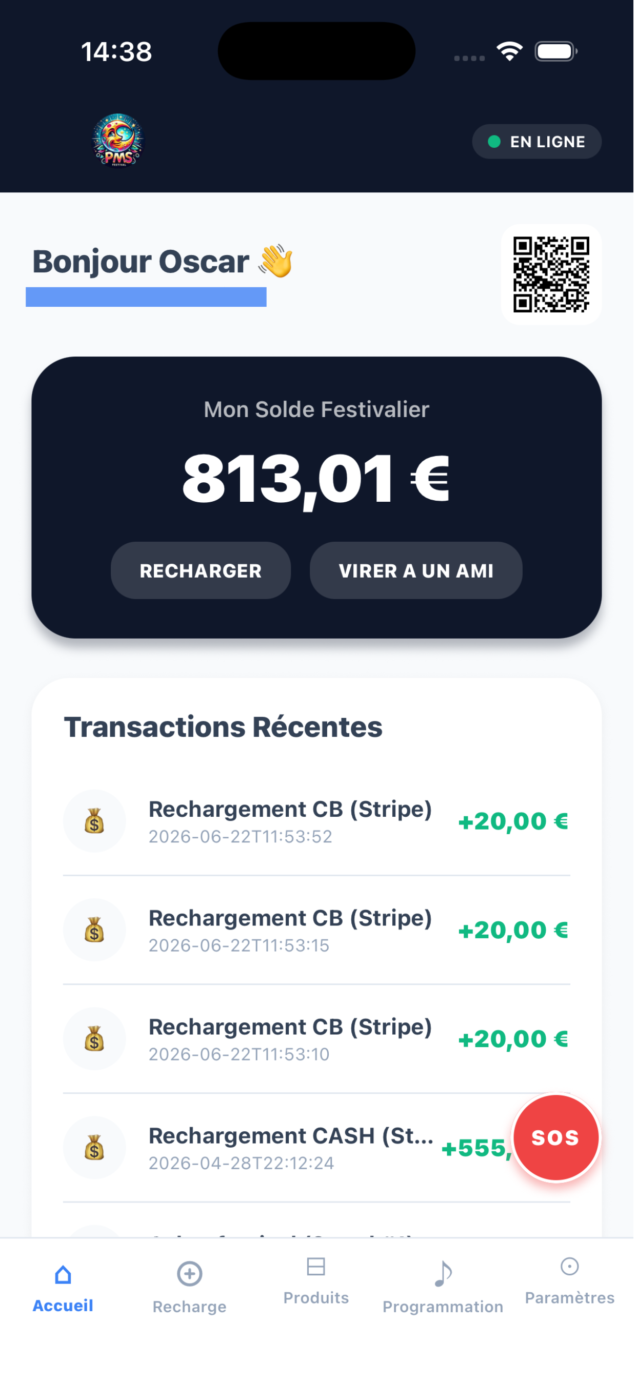 Écran d'accueil de l'app MyPMS avec solde festivalier et QR code