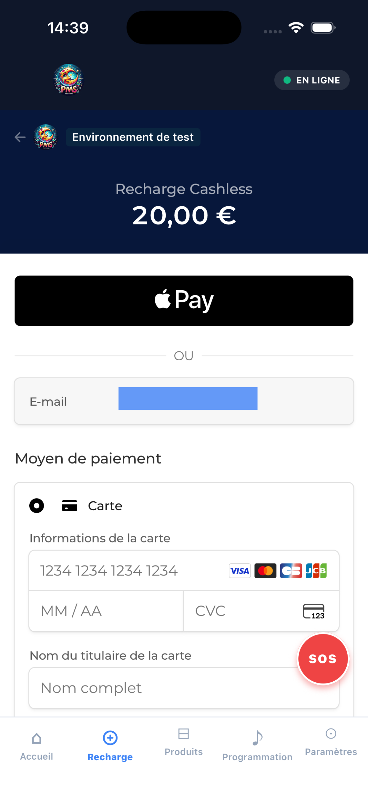 Écran de sélection du montant de recharge cashless