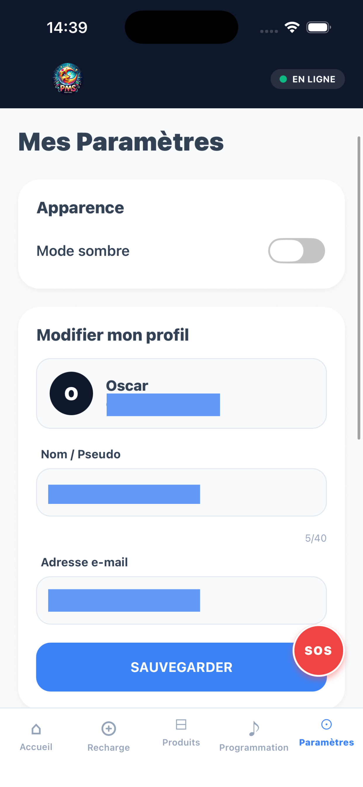 Écran des paramètres et du profil festivalier